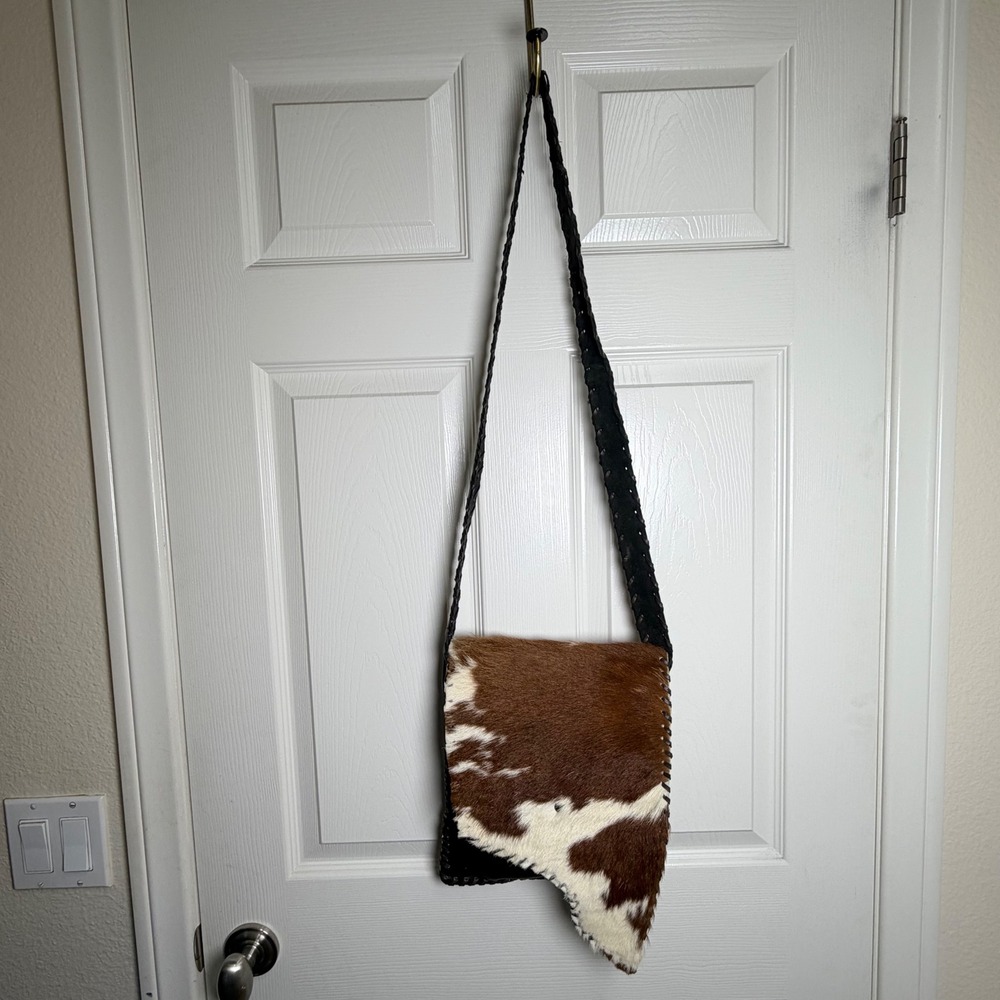 Genuine Cowhide Leather Hair-On Hide Crossbody Messenger Bag Brown White Blk VTG